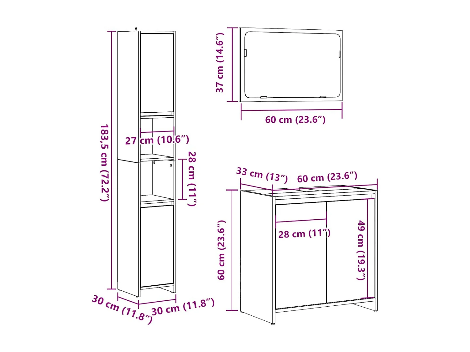 Set di mobili da bagno in legno ingegnerizzato da 3 pezzi