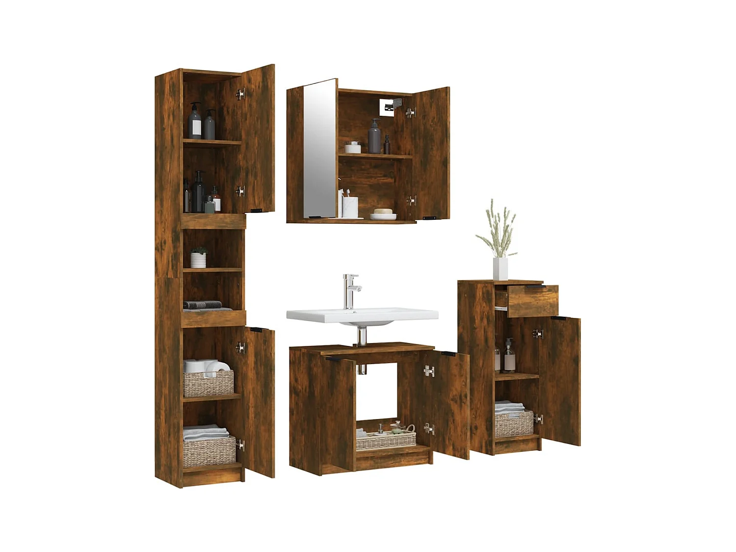Set di mobili da bagno in rovere affumicato da 4 pezzi