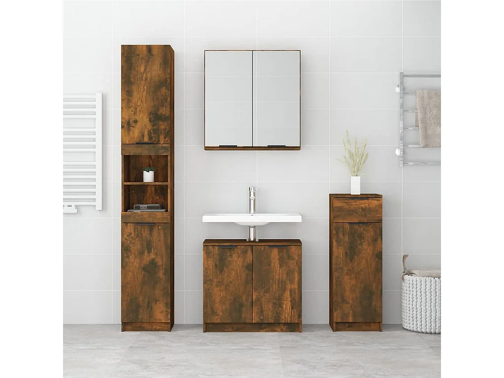 Set di mobili da bagno in rovere affumicato da 4 pezzi