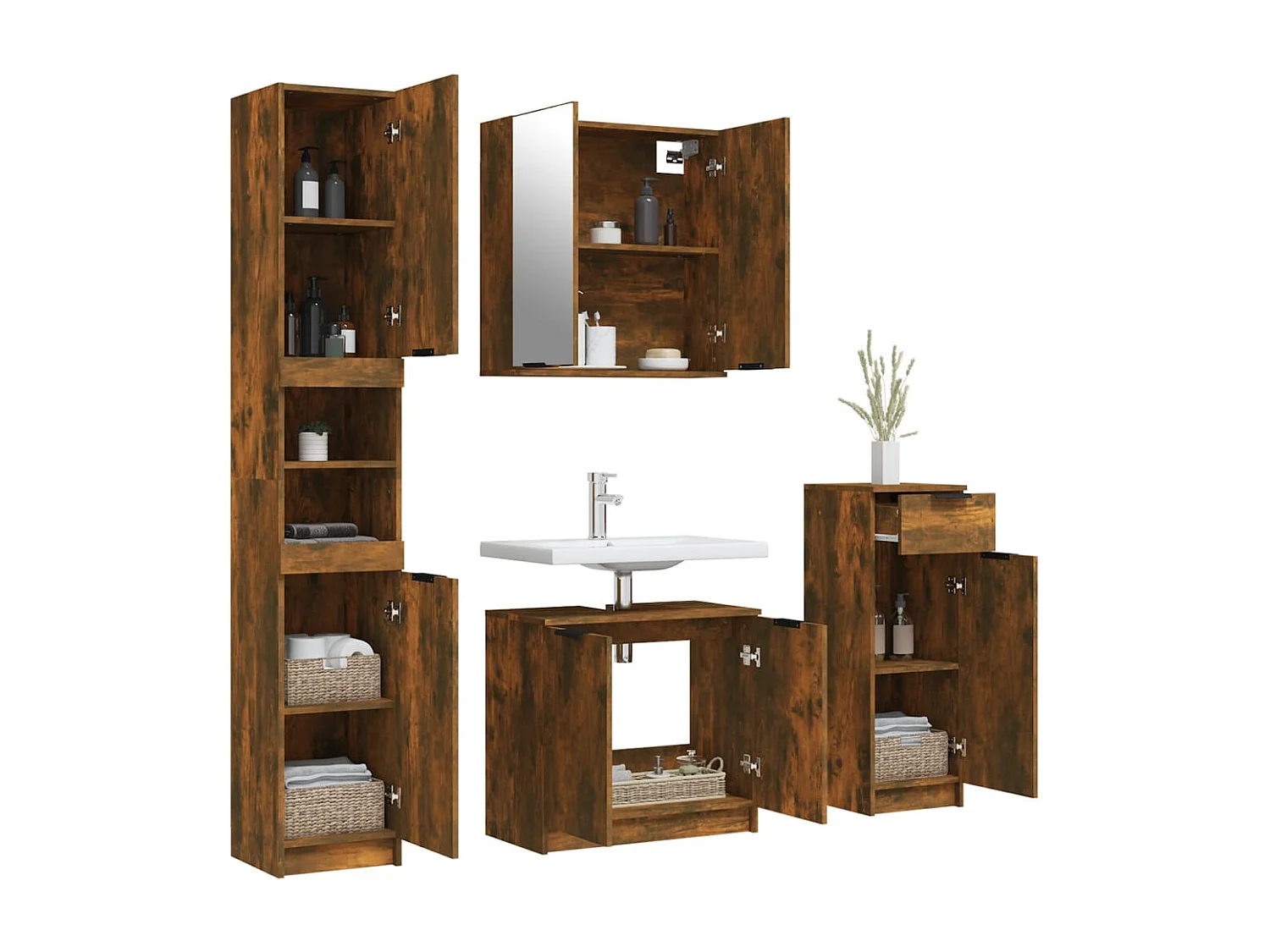Set di mobili da bagno in rovere affumicato da 4 pezzi