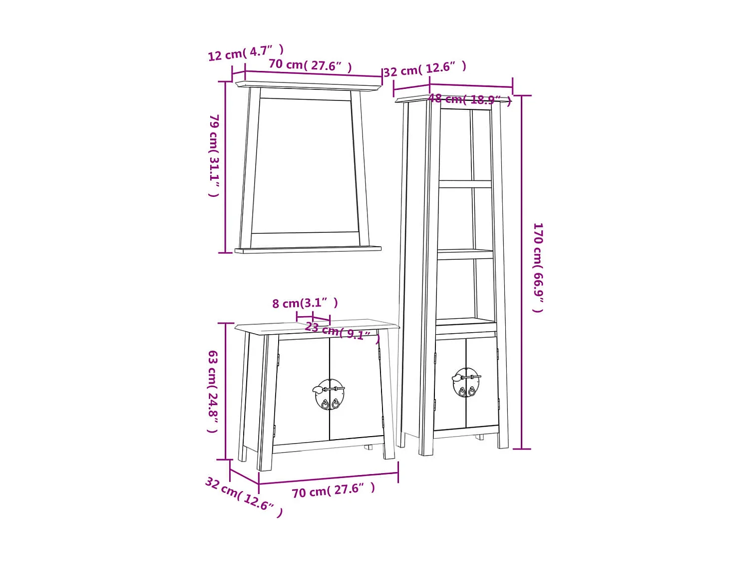 Ensemble de meubles de salle de bain 3 pcs bois de pin massif