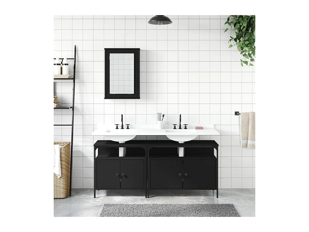 Set di mobili da bagno in legno ingegnerizzato nero, 3 pezzi