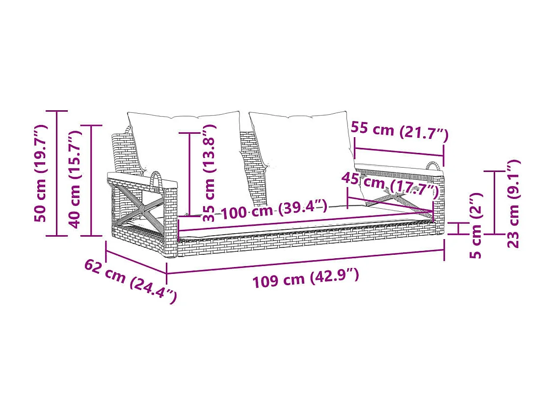 Altalena con cuscini beige 109x62x40 cm in resina intrecciata