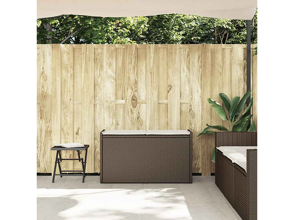 Banco de almacenaje para exterior con cojín marrón de 100 cm de resina tejida