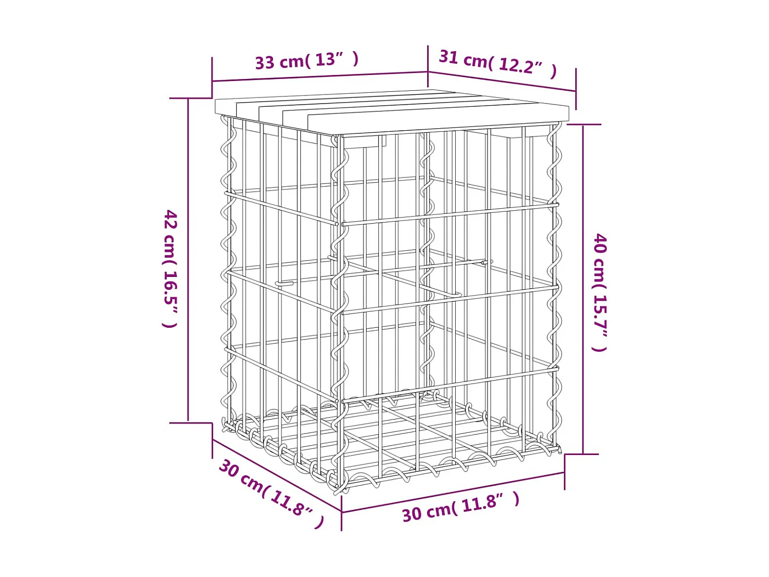 Banco de jardín de diseño gavión 33x31x42 cm madera maciza de pino