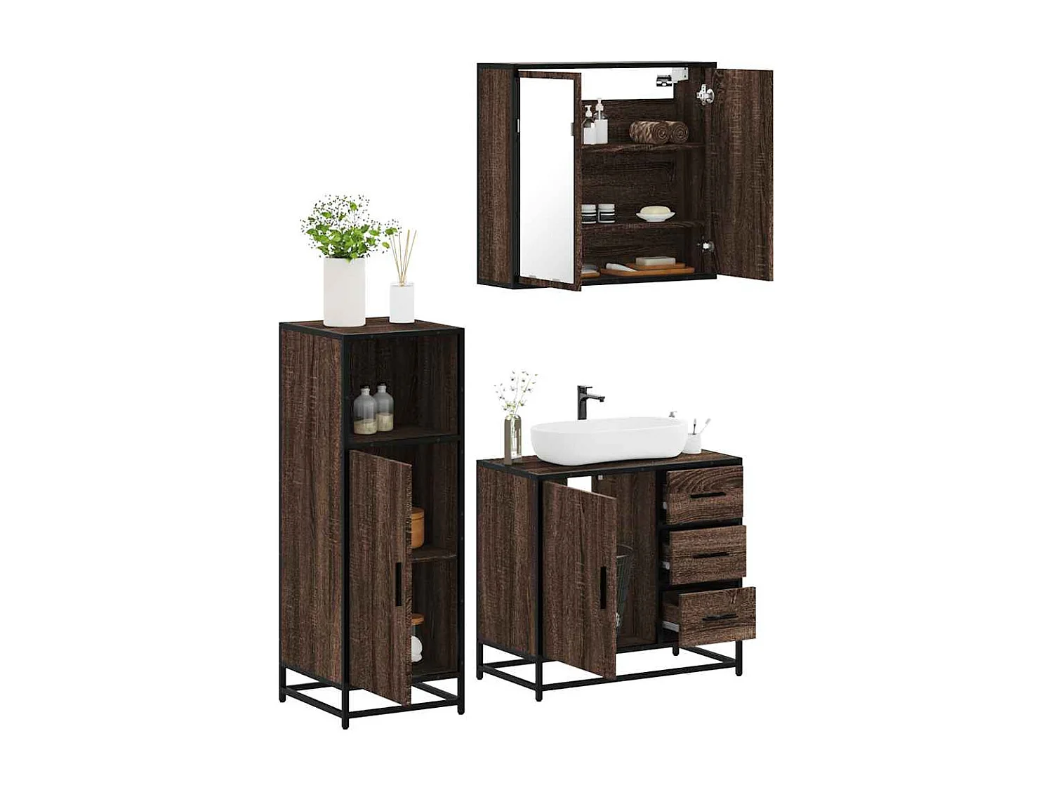 Ensemble de meubles de salle de bain 3 pcs Chêne marron