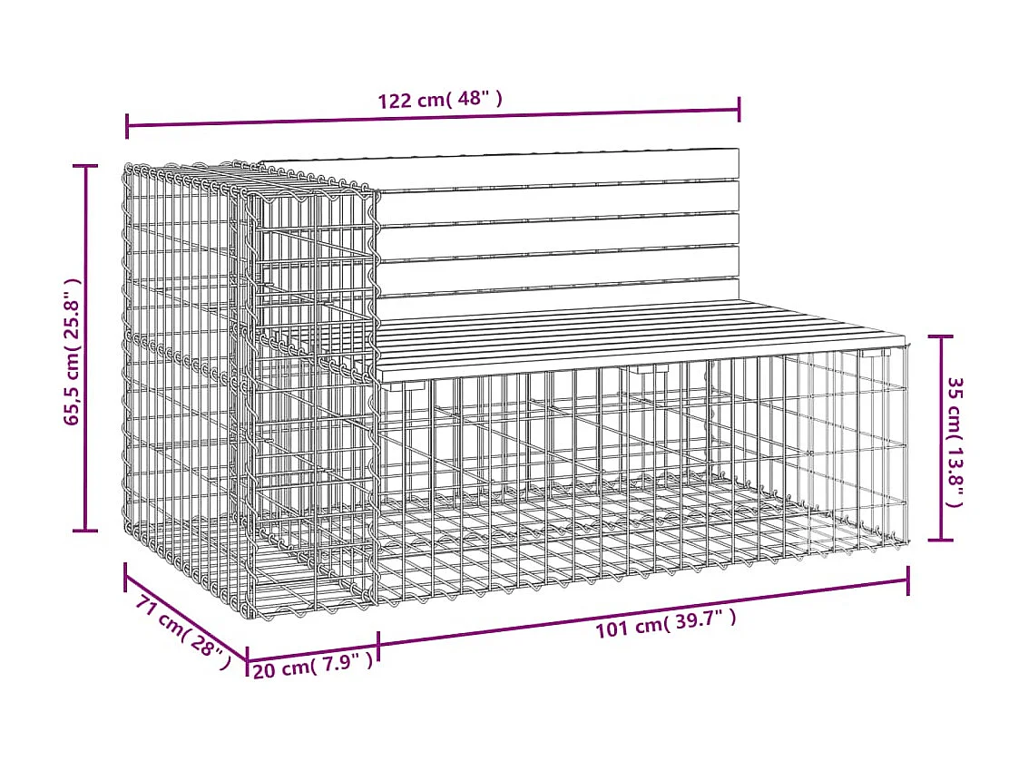 Banco de jardín de diseño de gaviones 122x71x65,5 cm madera maciza de pino