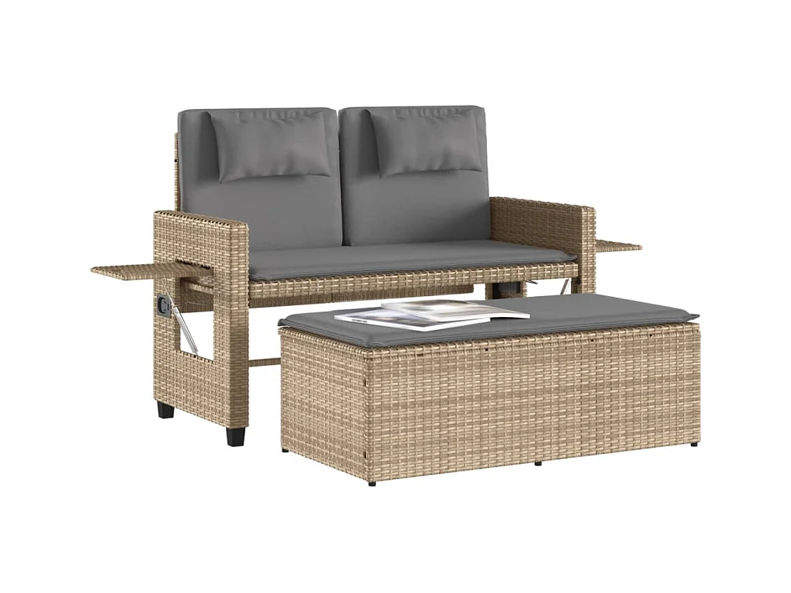 Liggende tuinbank met beige kunsthars rieten kussens