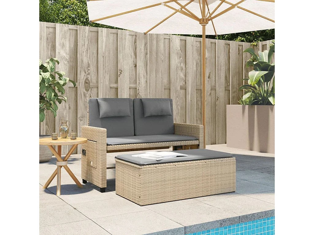 Banco de jardín reclinable con cojines de mimbre de resina beige