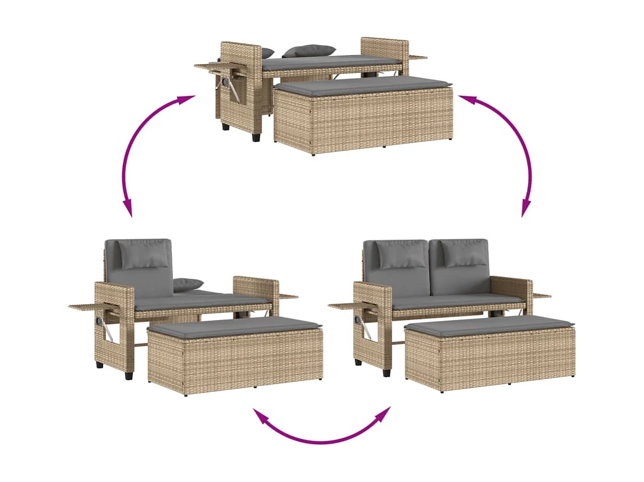 Banco de jardín reclinable con cojines de mimbre de resina beige