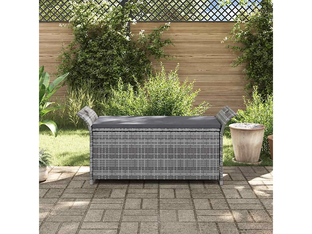 Panca contenitore con cuscino grigio 138 cm in resina intrecciata