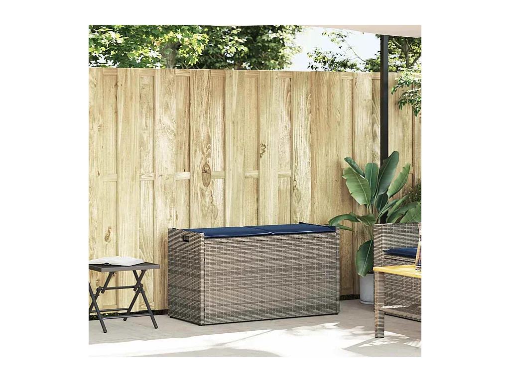 Panca contenitore da esterno con cuscino grigio 100 cm in resina intrecciata