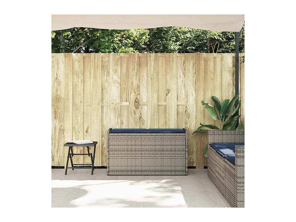 Panca contenitore da esterno con cuscino grigio 100 cm in resina intrecciata