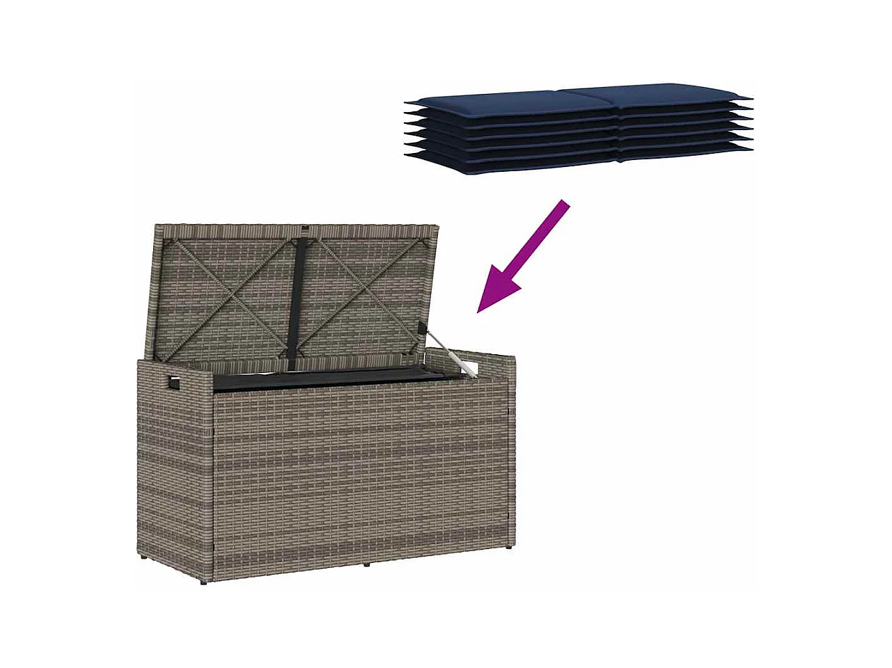 Panca contenitore da esterno con cuscino grigio 100 cm in resina intrecciata