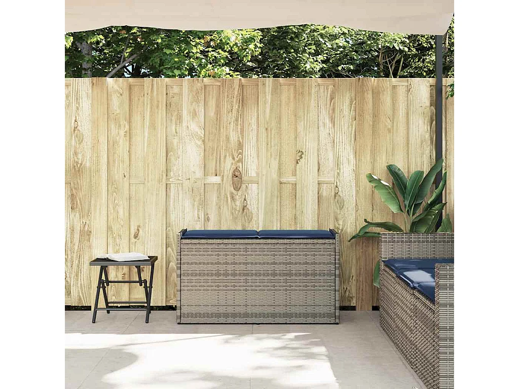 Panca contenitore da esterno con cuscino grigio 100 cm in resina intrecciata