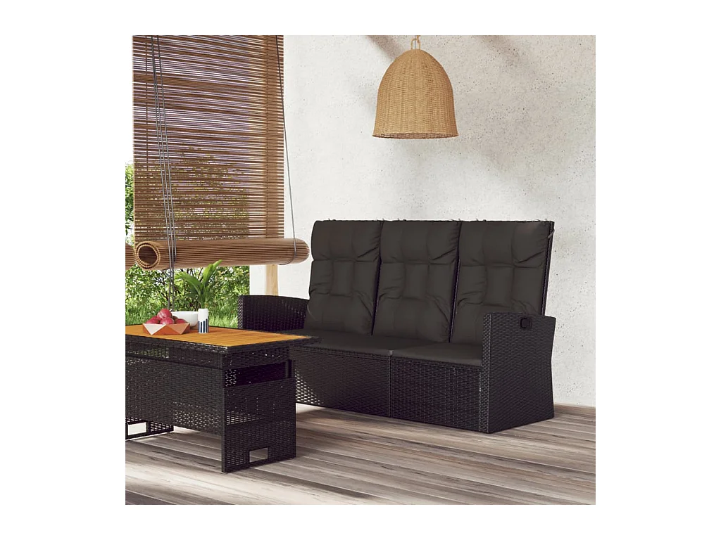 Banco de jardín reclinable y cojines negros 173cm mimbre resina