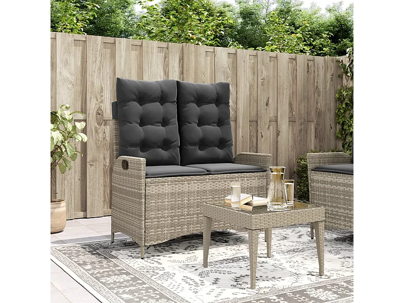 Panca da giardino reclinabile e cuscini in resina intrecciata grigio chiaro