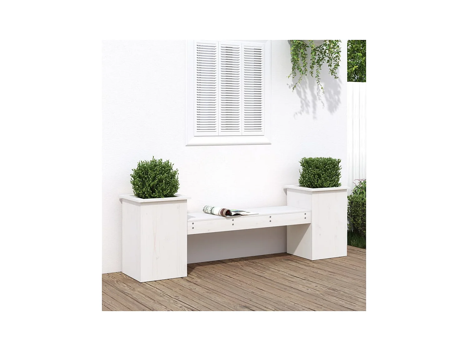 Panca con fioriere bianche 184,5x39,5x56,5 cm in legno massello di pino