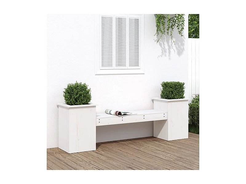 Panca con fioriere bianche 184,5x39,5x56,5 cm in legno massello di pino