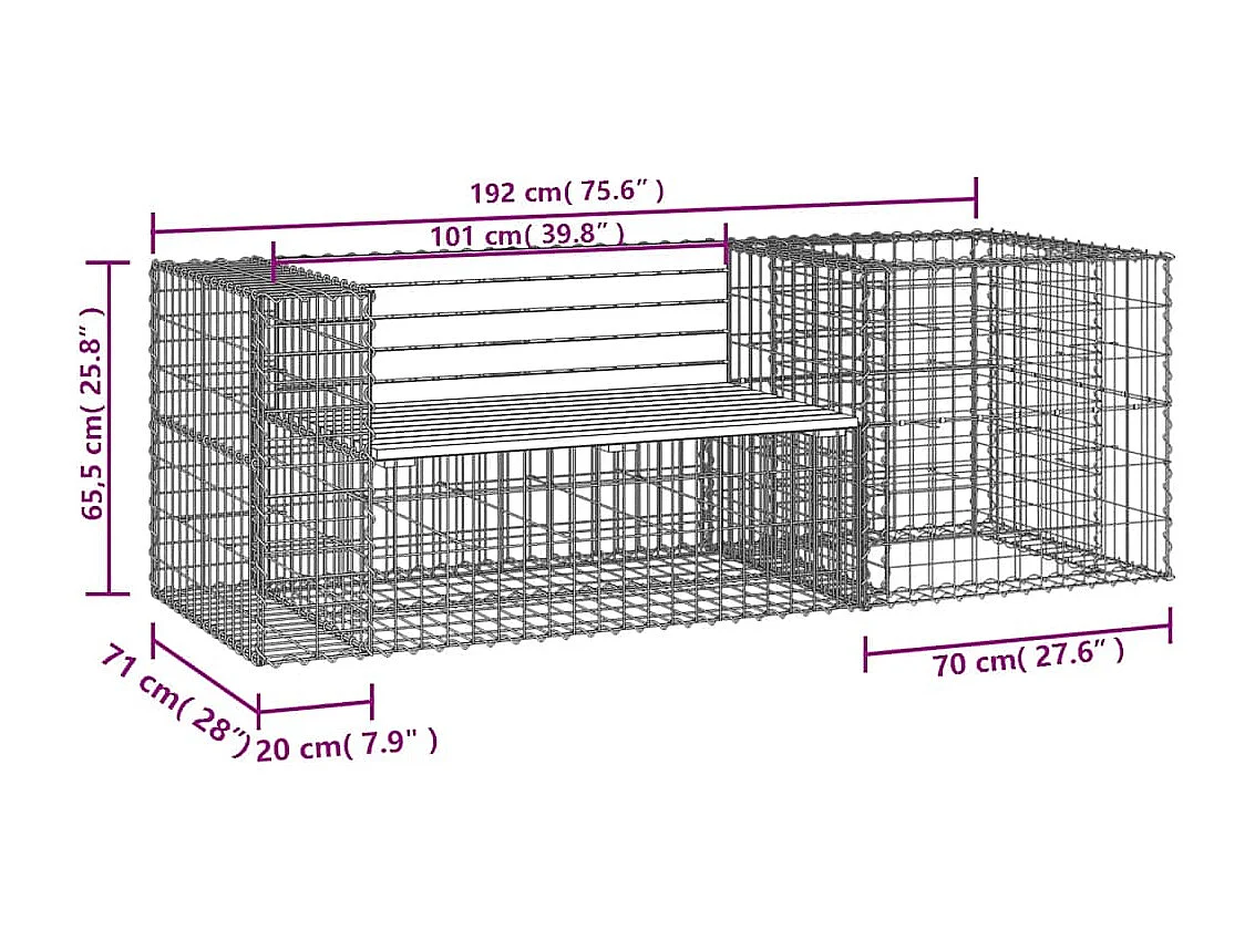 Panca da giardino con cesto gabbione in legno massello di pino