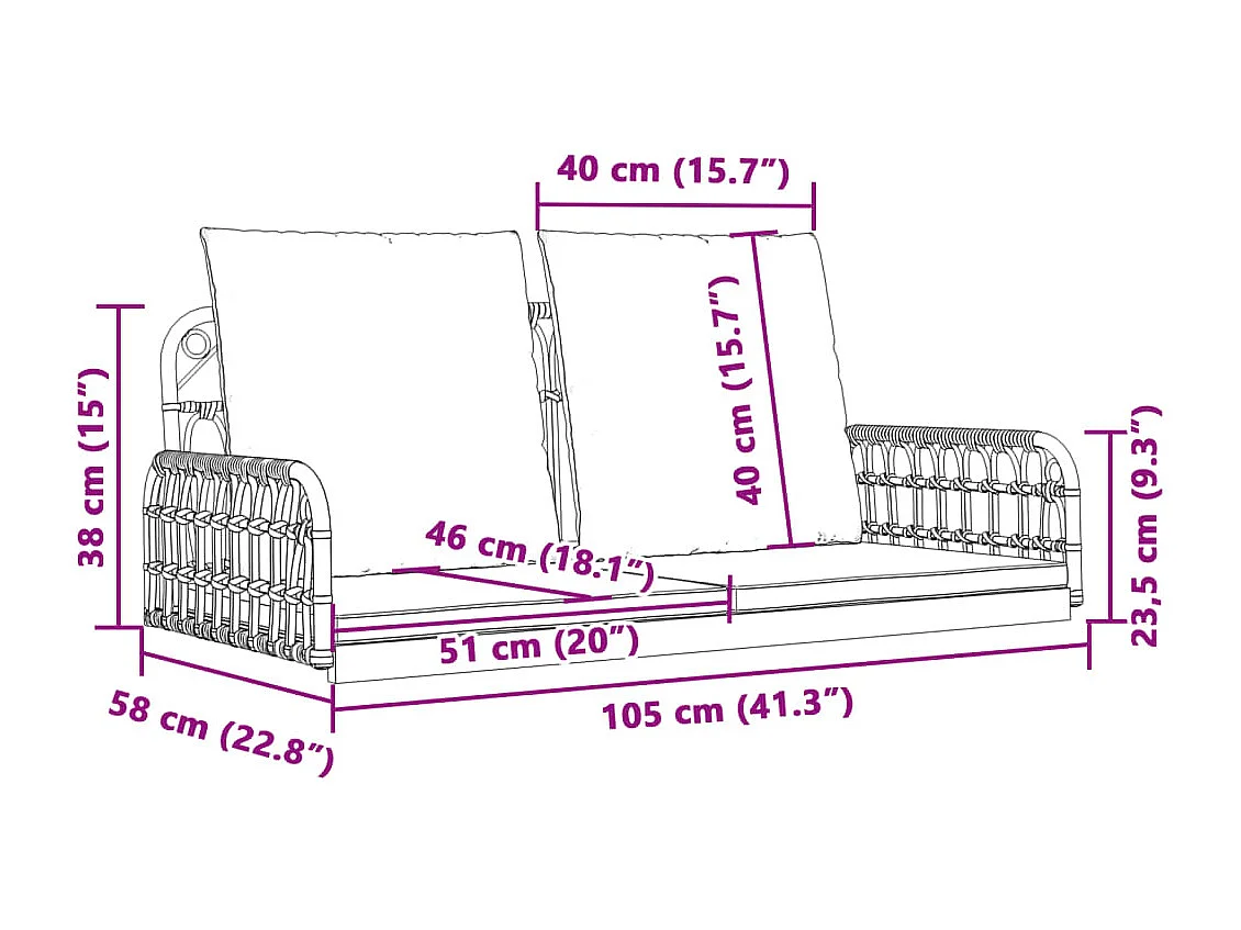 Asiento de columpio con cojines 105x58x38 cm resina tejida y acero