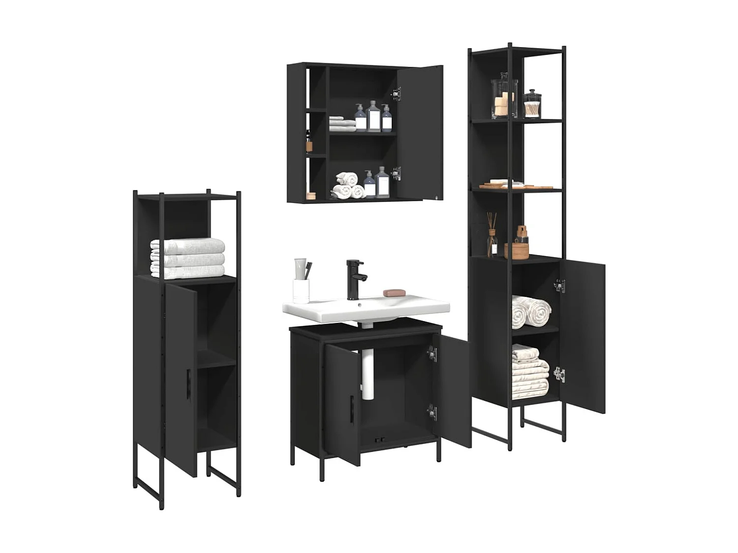 4-delige badkamermeubelset zwart bewerkt hout
