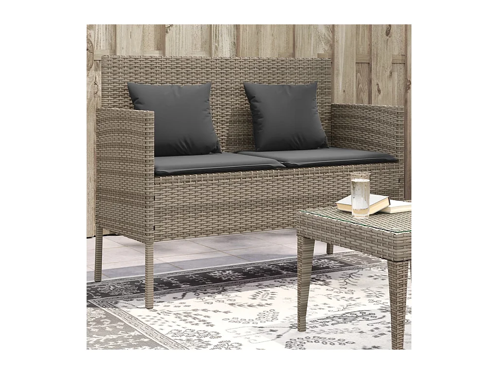 Banco de jardín con cojines de mimbre de resina gris