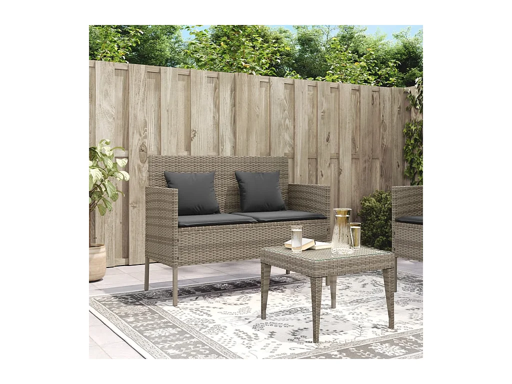 Banco de jardín con cojines de mimbre de resina gris