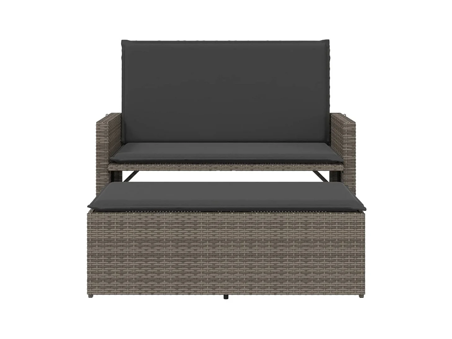 Tuinbank met kussens en voetenbank in grijs geweven hars