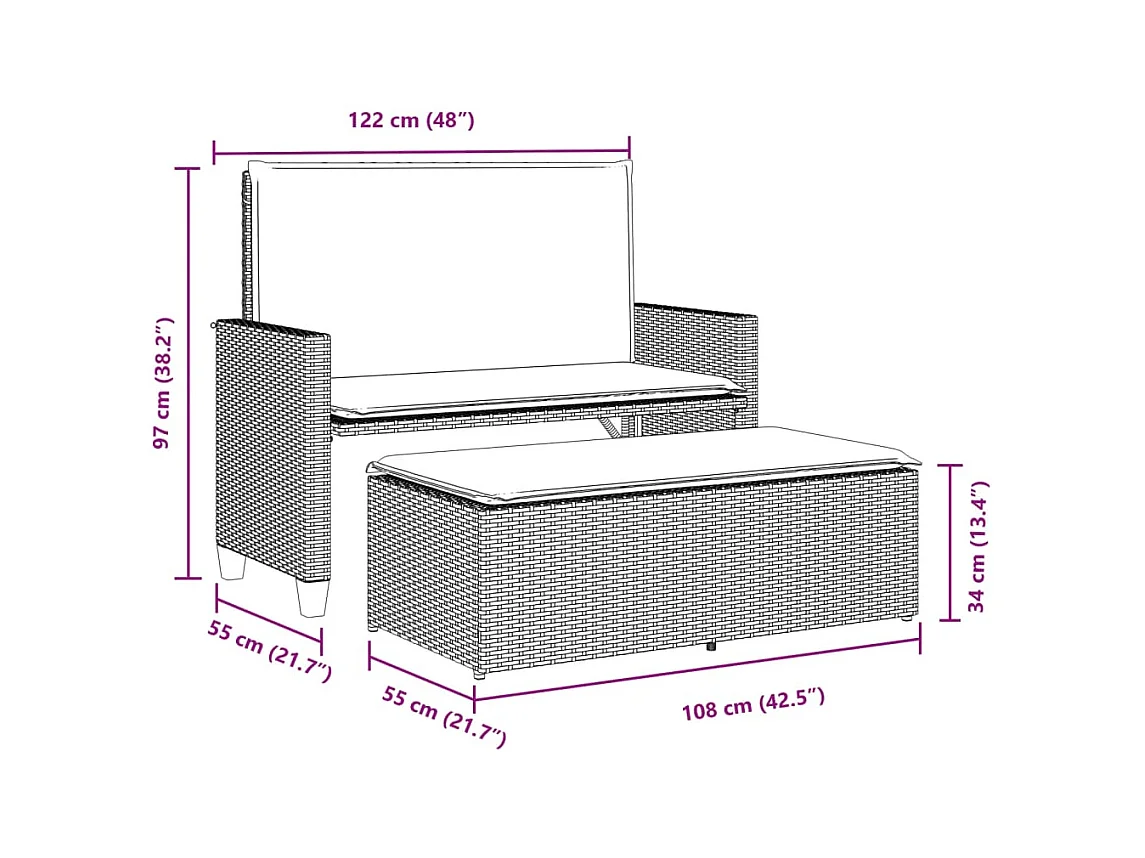 Tuinbank met kussens en beige gevlochten hars voetenbankje