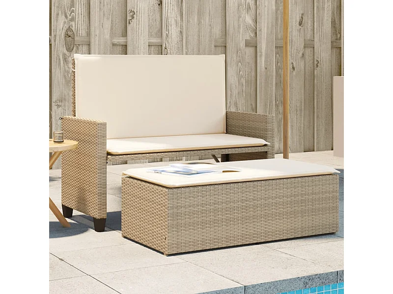 Panca da giardino con cuscini e poggiapiedi in resina intrecciata beige