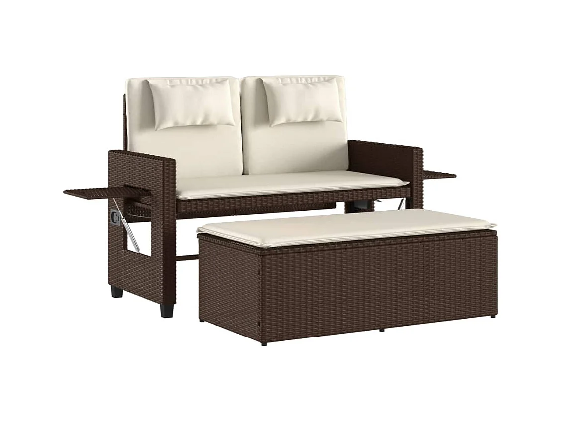 Liggende tuinbank met bruine kunsthars rieten kussens