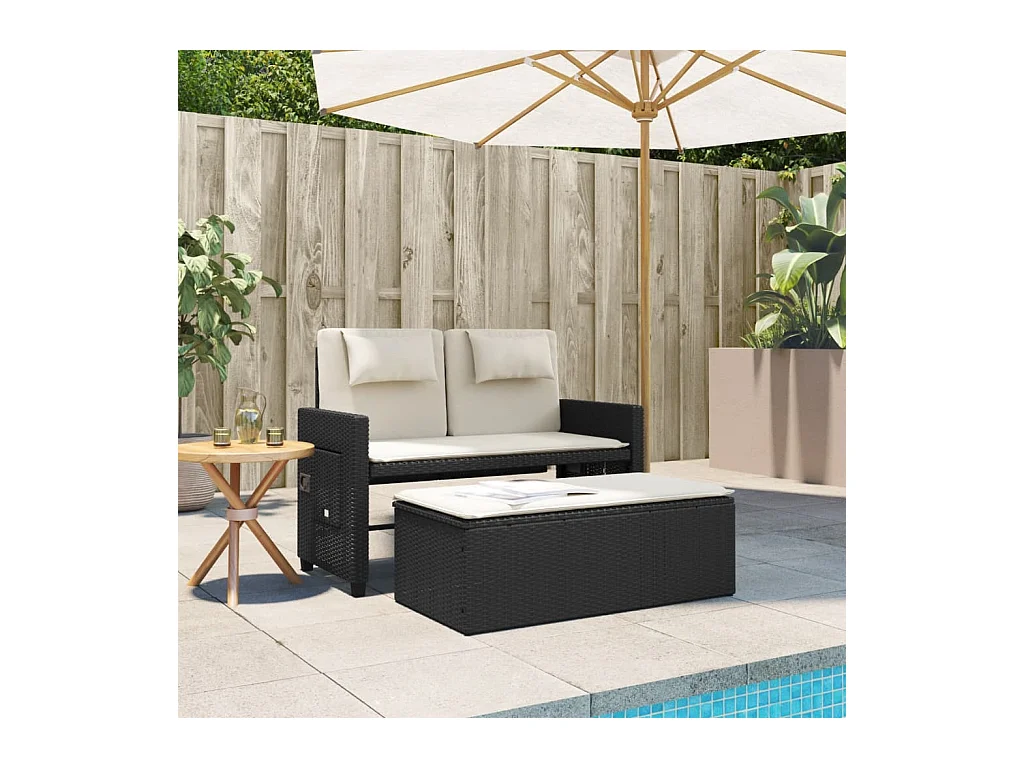 Banc inclinable de jardin avec coussins noir résine tressée