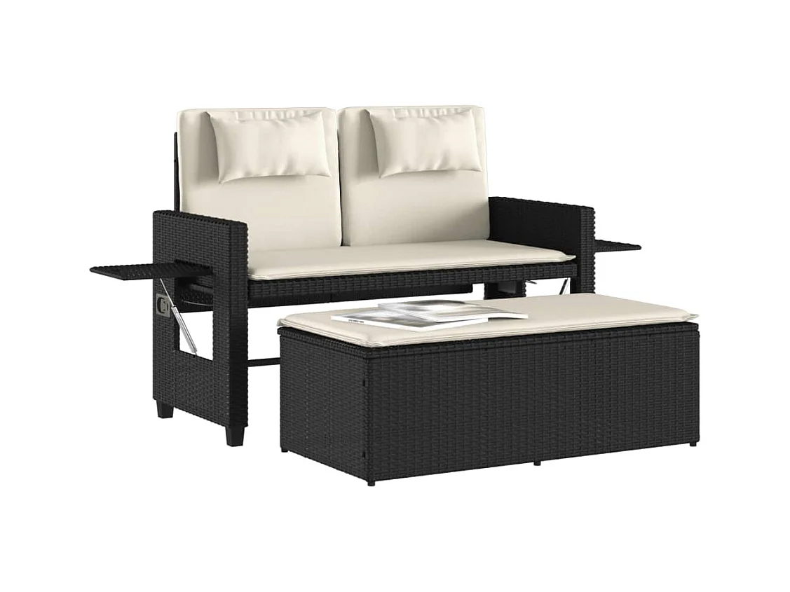 Banc inclinable de jardin avec coussins noir résine tressée