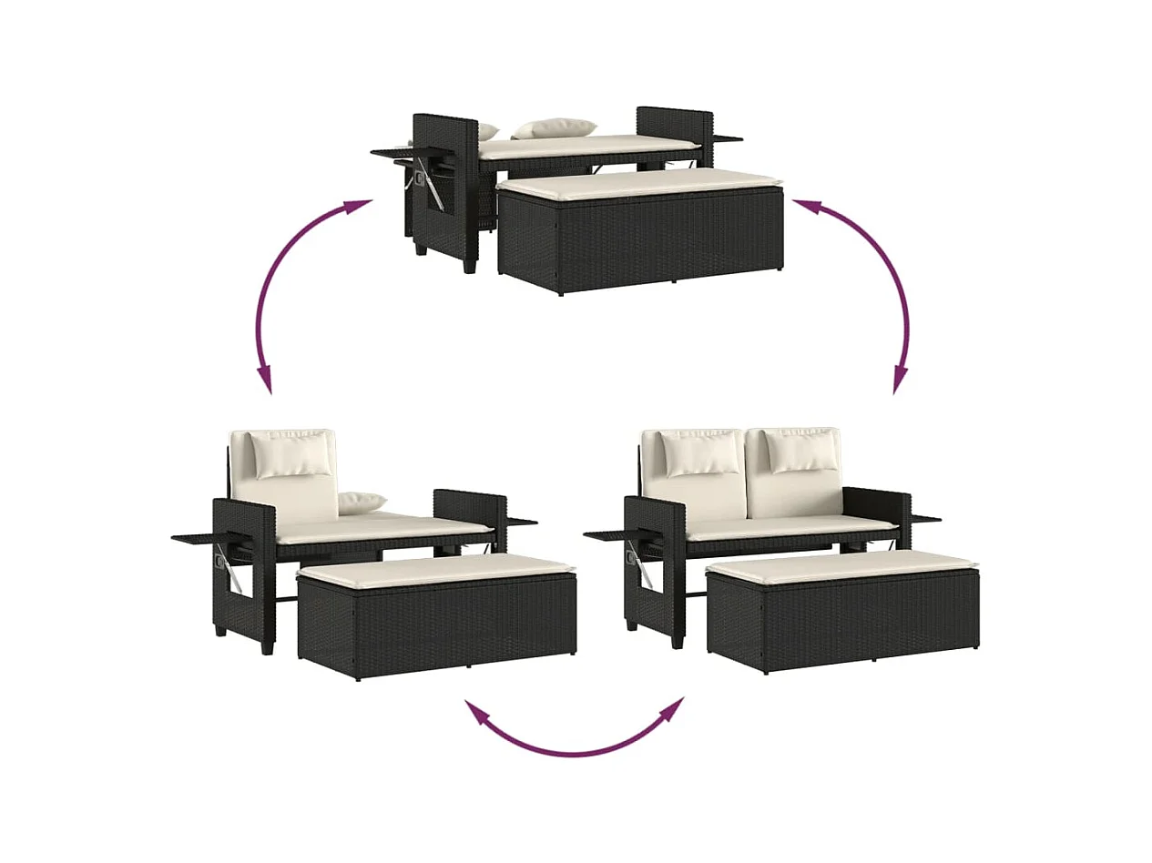 Banc inclinable de jardin avec coussins noir résine tressée