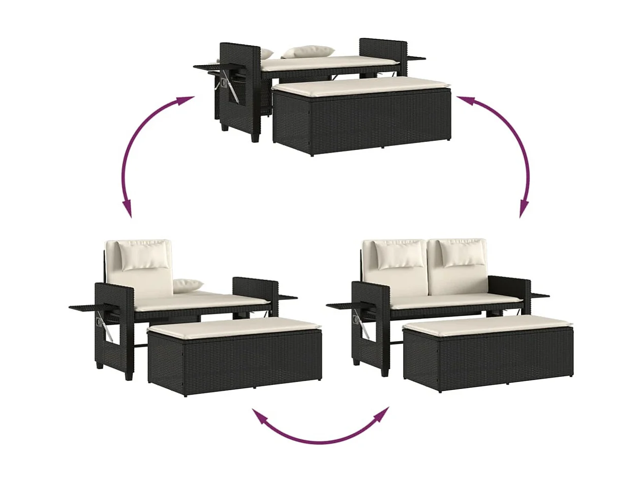 Banc inclinable de jardin avec coussins noir résine tressée