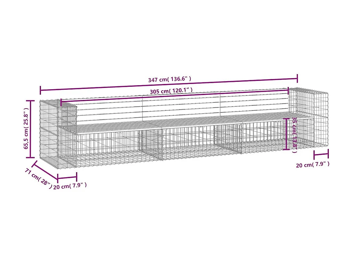 Panchina da giardino di design in gabbione 347x71x65,5cm in legno di pino impregnato
