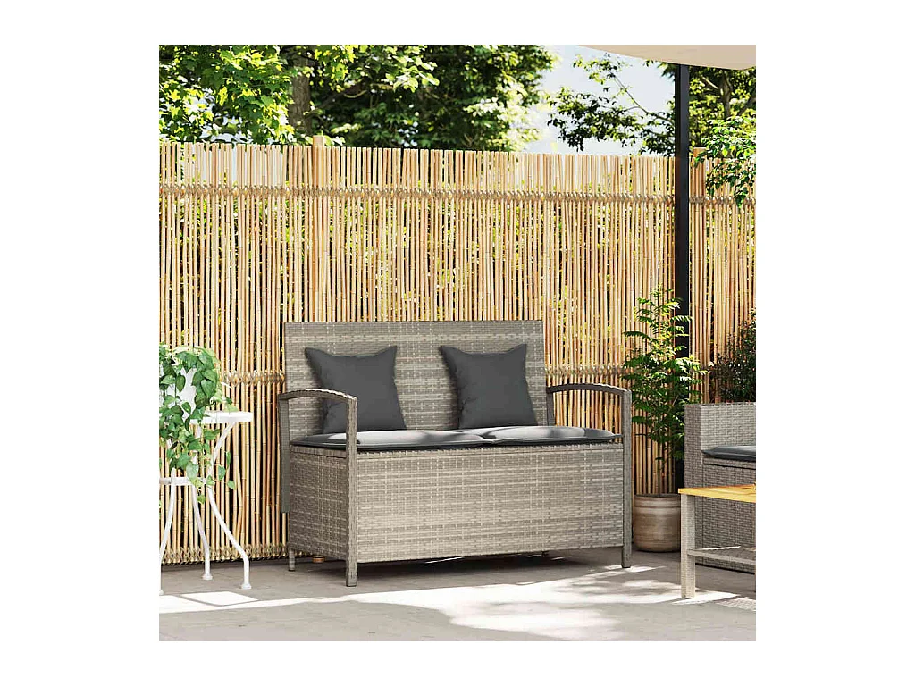 Panca contenitore da giardino con cuscino in polyrattan grigio chiaro