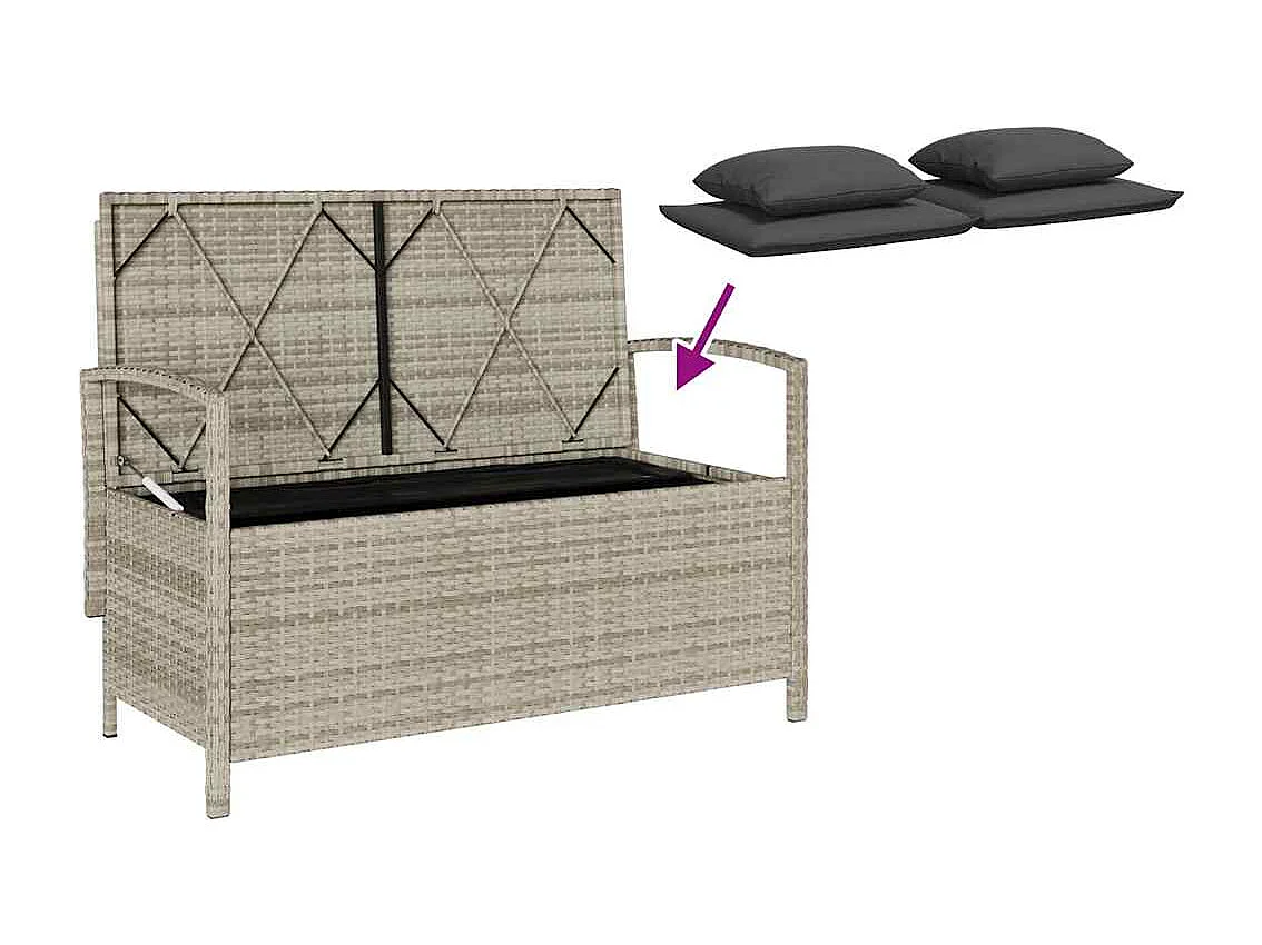 Panca contenitore da giardino con cuscino in polyrattan grigio chiaro