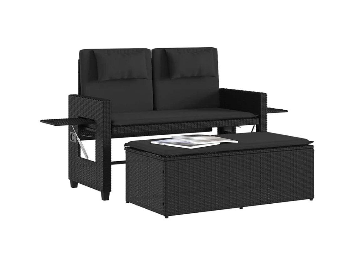 Banc inclinable de jardin avec coussins noir résine tressée