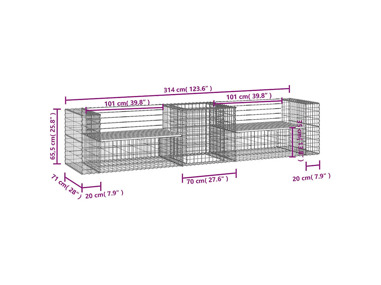 Tuinbank met gabionmand van geïmpregneerd grenenhout