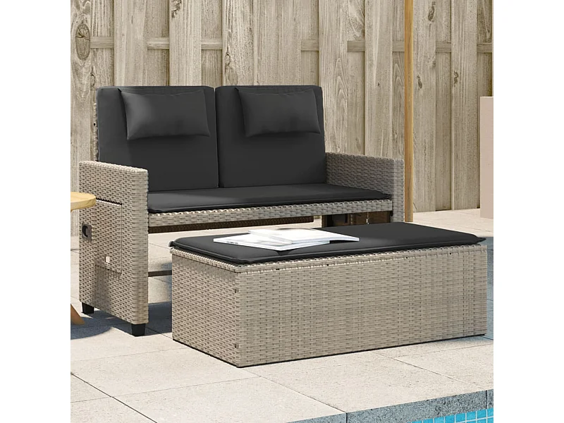 Panca da giardino reclinabile e cuscini in resina intrecciata grigio chiaro