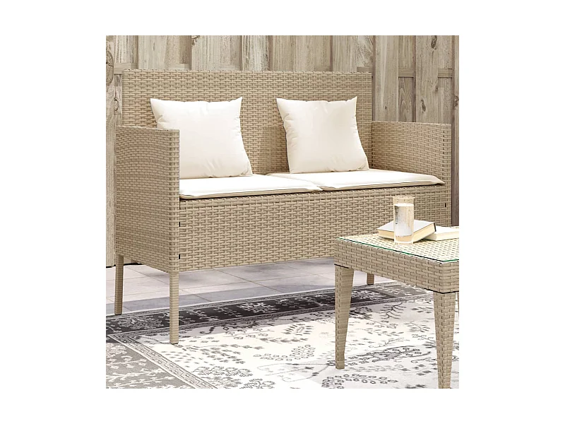 Panca da giardino con cuscini in resina intrecciata beige