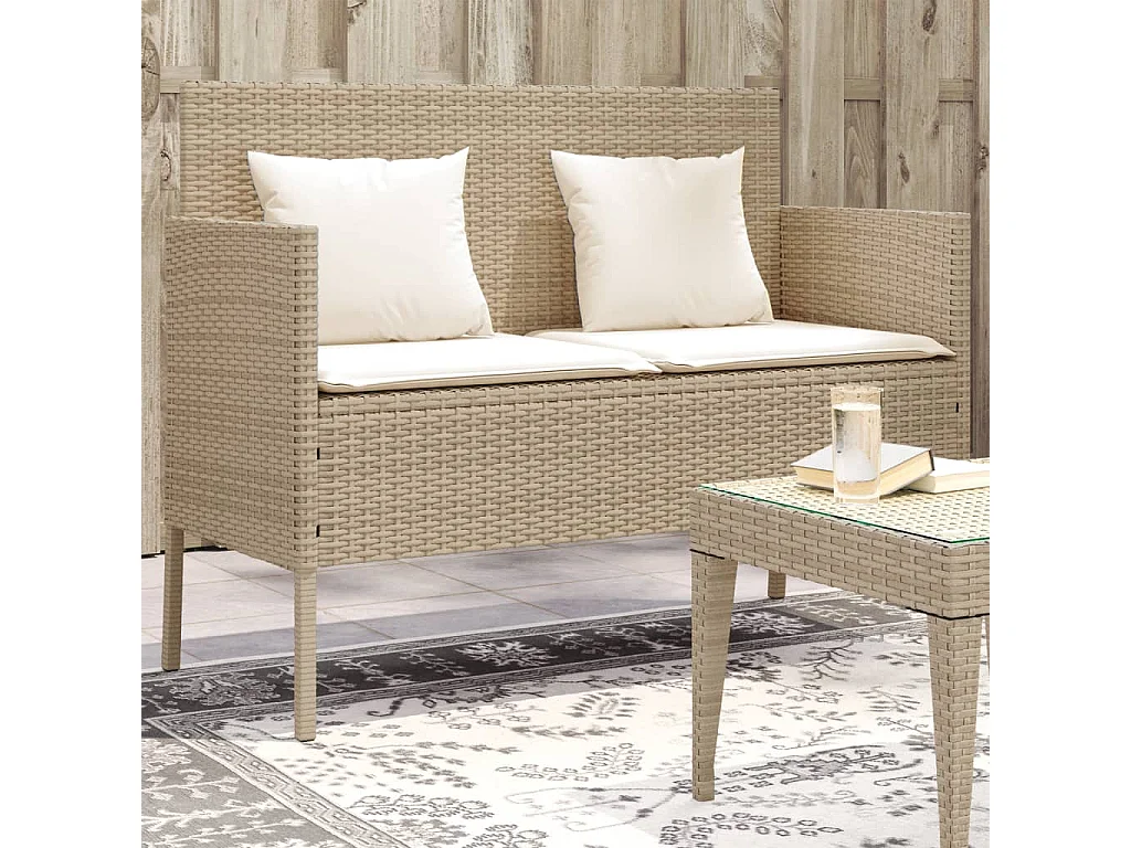 Banco de jardín con cojines de resina tejida beige