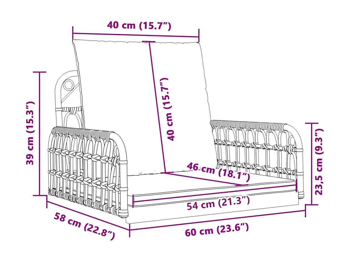 Asiento de columpio con cojines 63x58x39 cm resina tejida acero