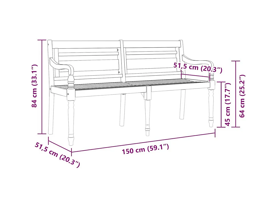Batavia bank met grijs kussen 150 cm Massief teakhout
