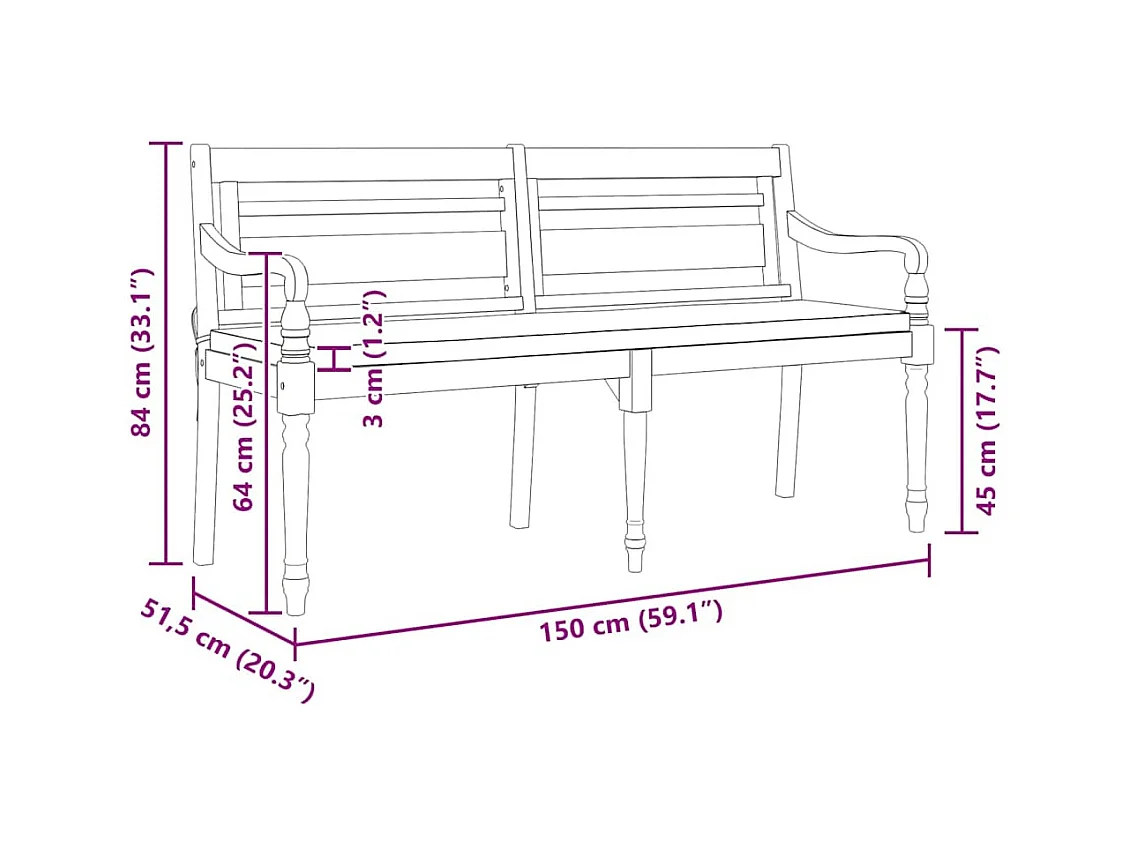 Batavia bank met kussen 150 cm Massief teakhout