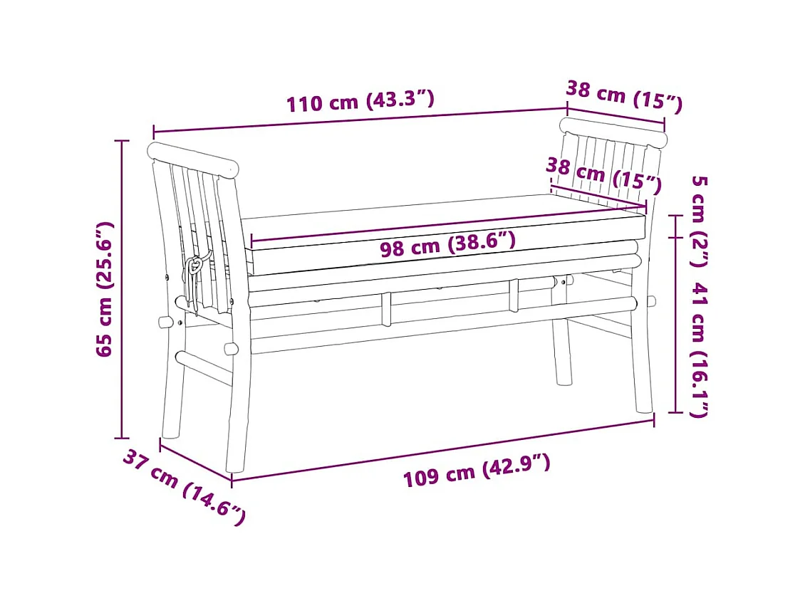 Banc de jardin avec coussin Marron 110 x 38 x 65cm Bambou