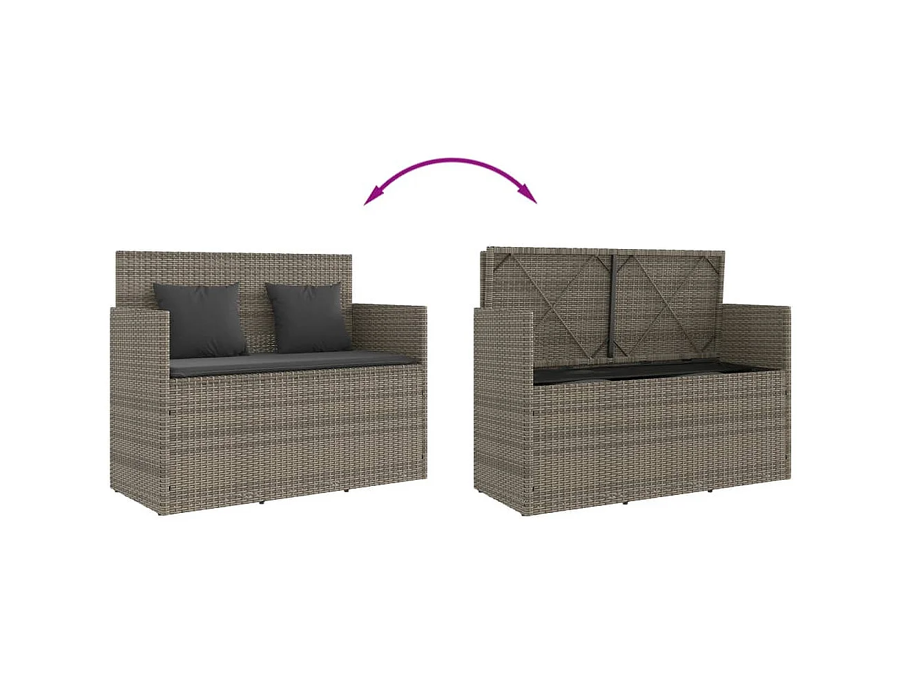 Panca da giardino con cuscini in vimini di resina grigia