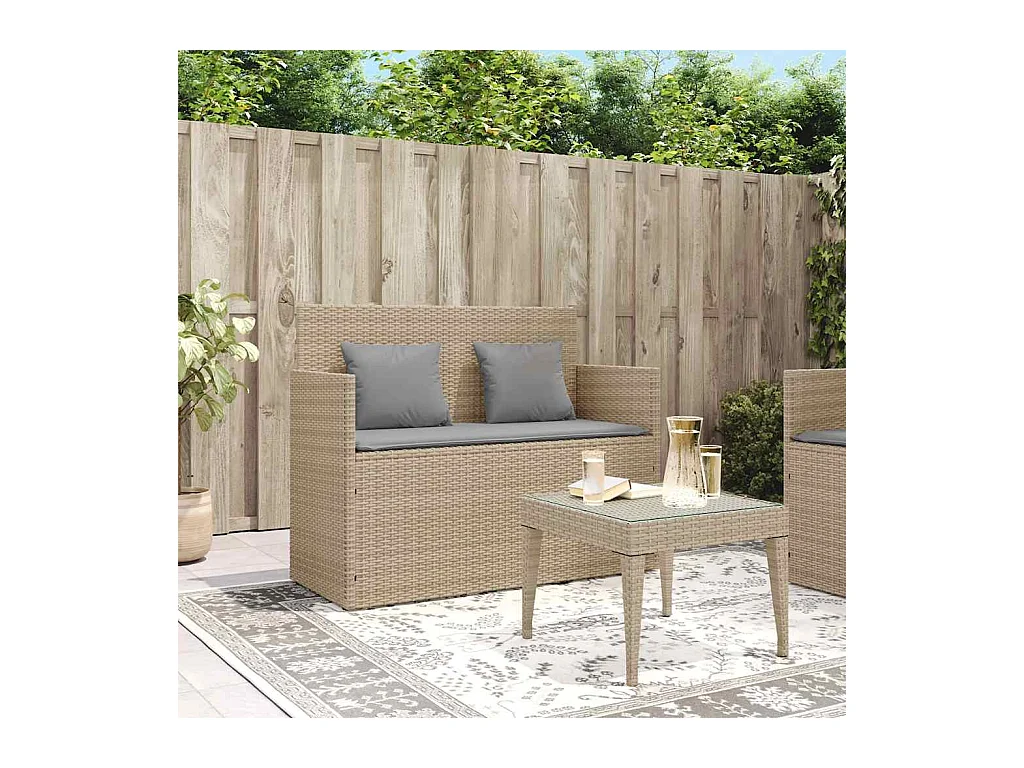 Panca da giardino con cuscini in resina intrecciata beige